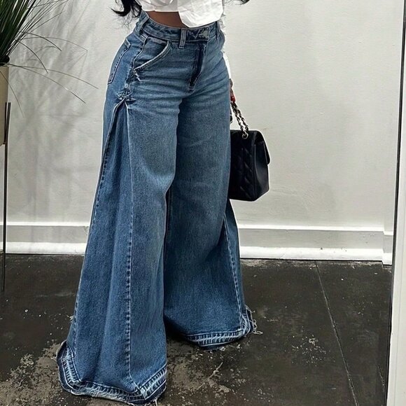 Blue Casual Women's Wide Leg Flare Jeans - Picture 2 of 3